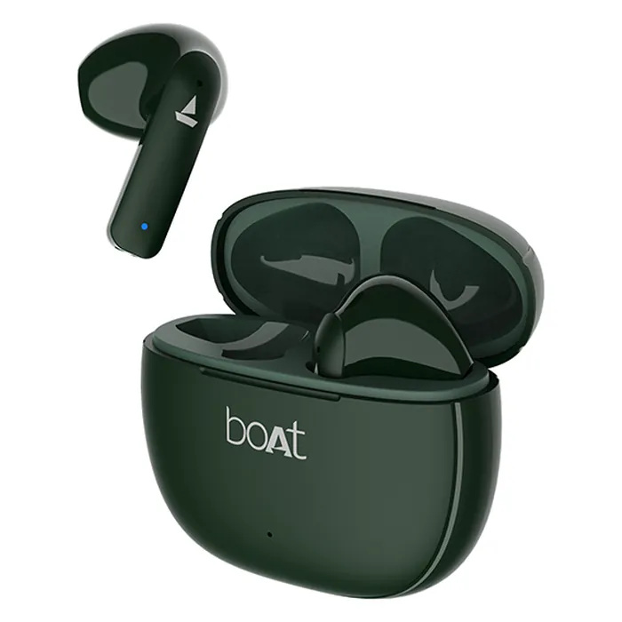 boAt Airdopes 100 true wireless earbuds in Emerald Green, earbuds with the open charging case