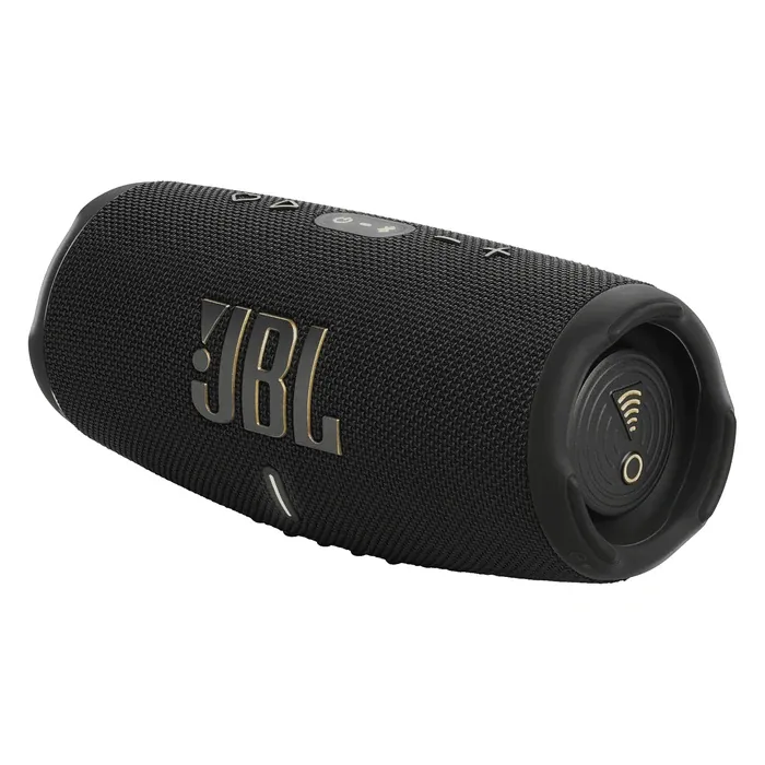 JBL Charge 5 Wi-Fi portable Bluetooth speaker in Black, angled front view