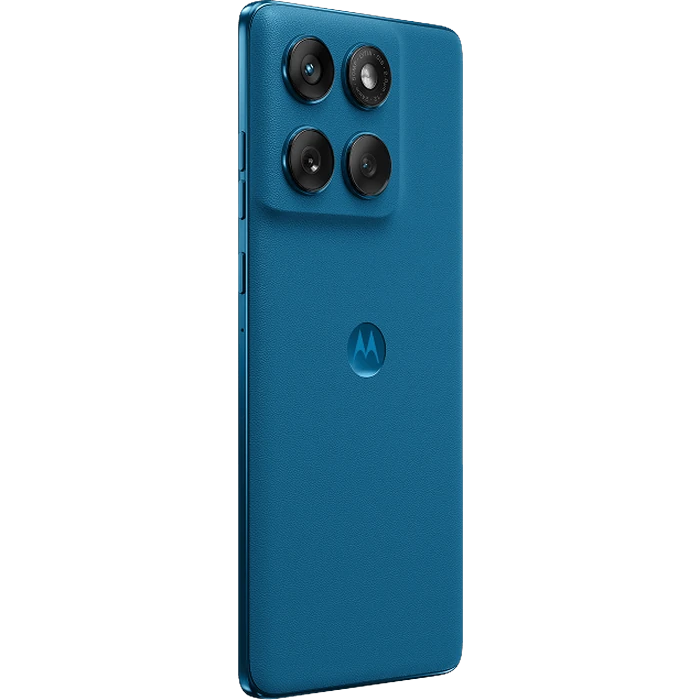 Motorola Edge 60 Fusion in Pantone Mykonos Blue, angled back view