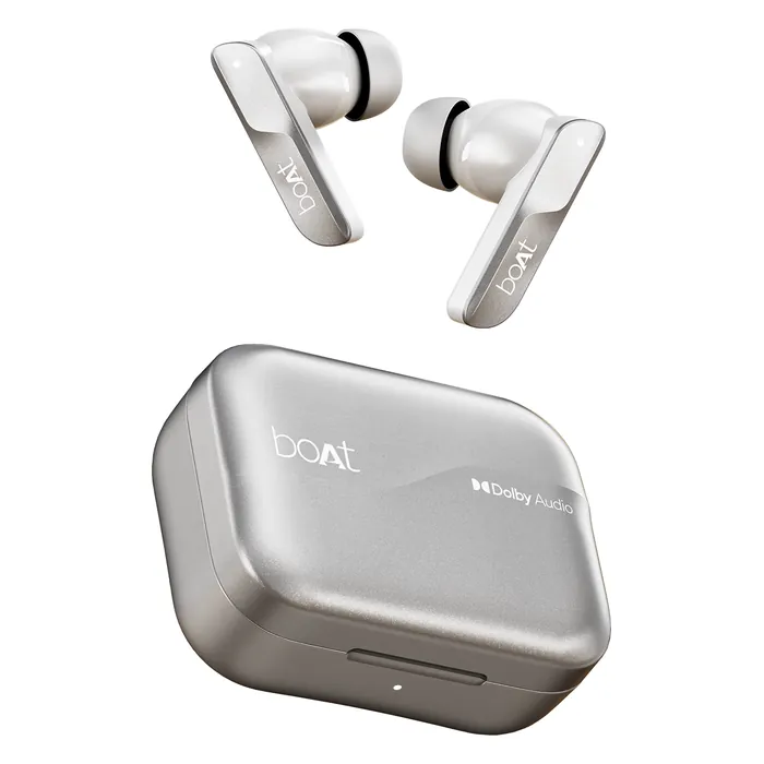 boAt Airdopes 800 true wireless earbuds in Interstellar White, earbuds above the charging case with the Dolby Audio logo