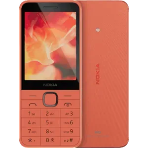 Nokia 220 4G in Peach, front view with the 2.8-inch screen and keypad, next to the textured back