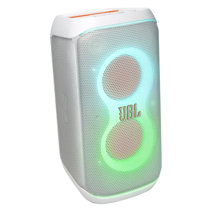 JBL PartyBox Club 120 portable party speaker in White, angled front view with the light show on