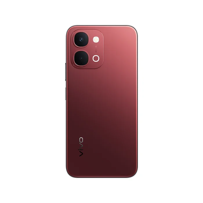 Vivo T5x 5G in Fusion Red, back view with the dual camera