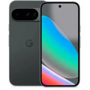 Google Pixel 10 in Obsidian, back and front views side by side, showing the camera bar and the 6.3-inch screen