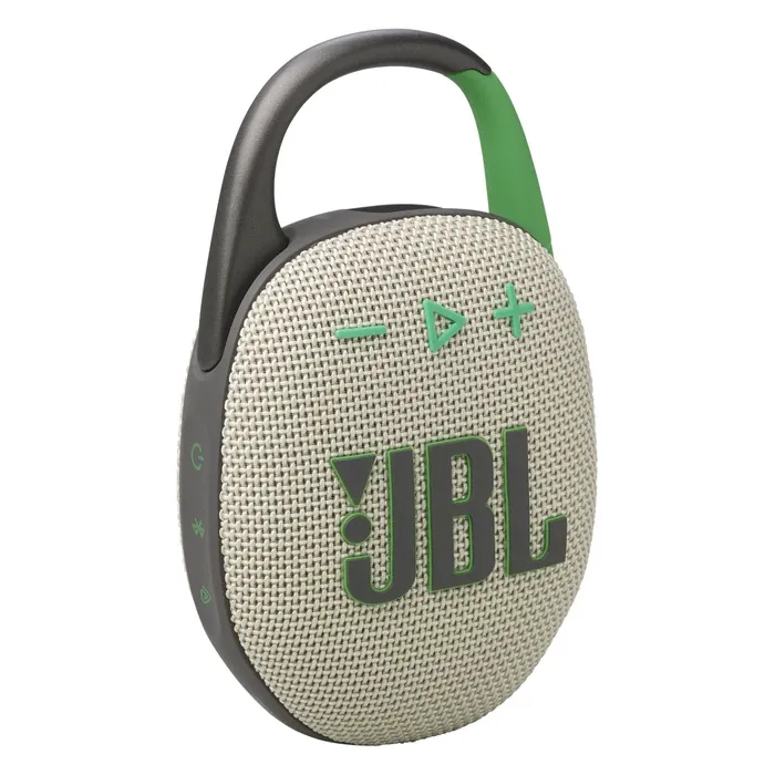 JBL Clip 5 portable Bluetooth speaker in Sand, front view