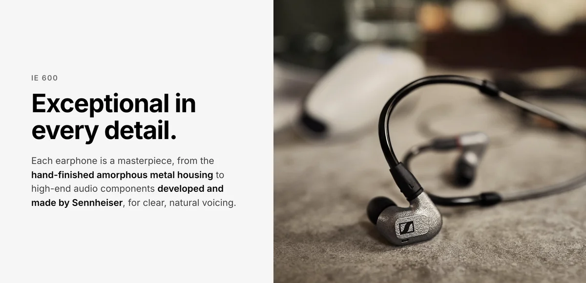 Sennheiser IE 600 in-ear monitors on stone, hand-finished amorphous metal housing, exceptional in every detail