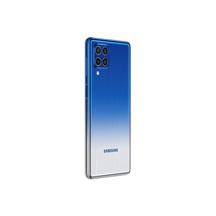 Samsung Galaxy F62 4G in Laser Blue, back at an angle