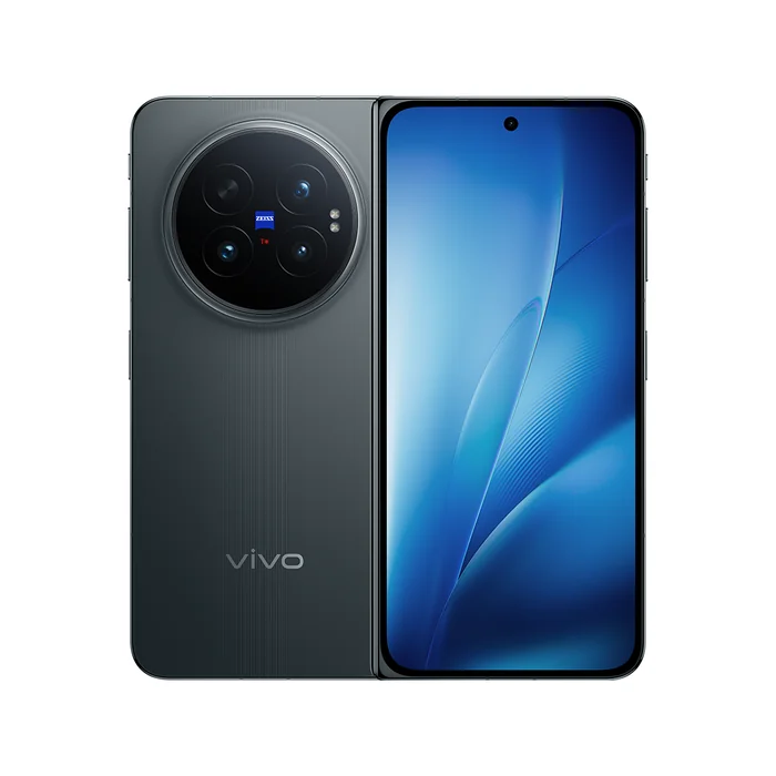 Vivo X Fold6 in Prism Black, folded, back and cover screen views
