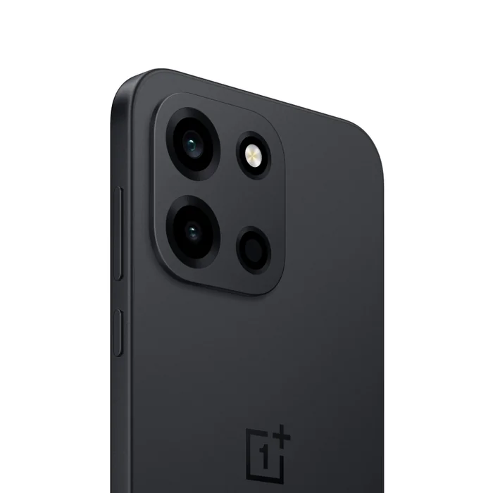 OnePlus Nord 6 in Pitch Black, angled back view with the camera module