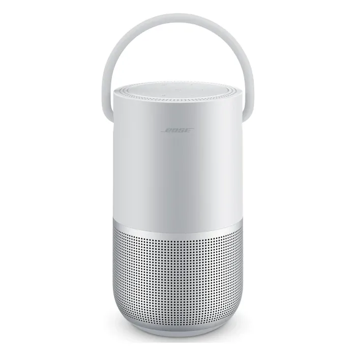Bose Portable Smart Speaker with Alexa in Luxe Silver, front view with the carry handle up