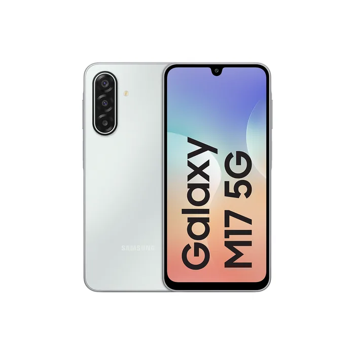 Samsung Galaxy M17 5G in Moonlight Silver, back and front views side by side, showing the triple camera and the 6.7-inch screen