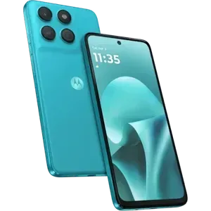 Moto G37 Power in Pantone Capri, angled back and front views