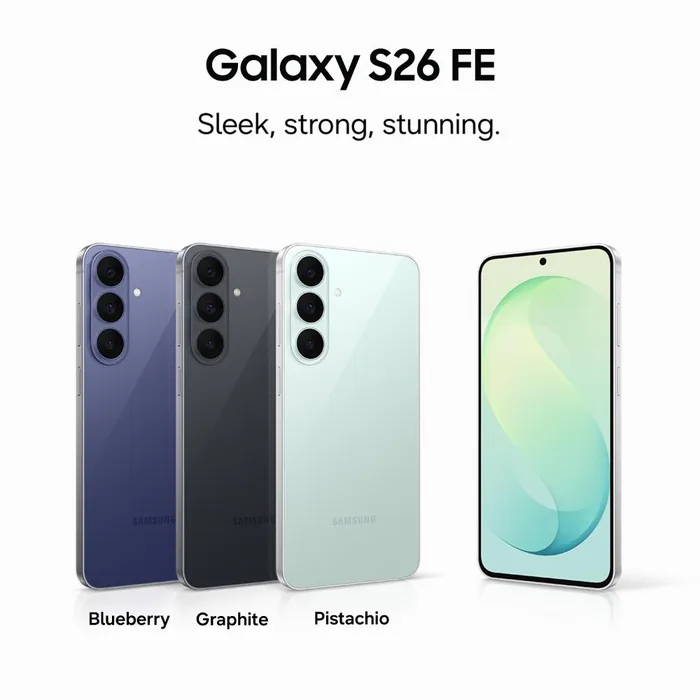 Samsung Galaxy S26 FE in its three colours, with the front of the phone