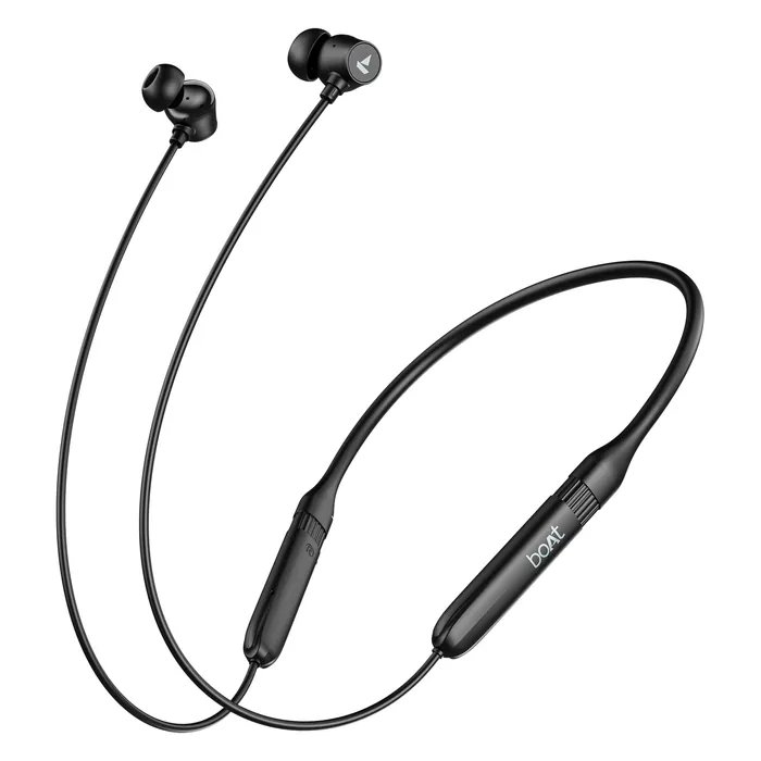 boAt Rockerz 301 ANC wireless neckband earphones with active noise cancellation in Onyx Black, full neckband with magnetic earbuds
