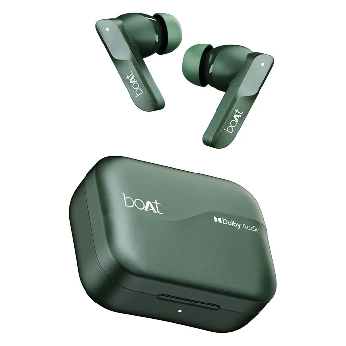 boAt Airdopes 800 true wireless earbuds in Interstellar Green, earbuds above the charging case with the Dolby Audio logo