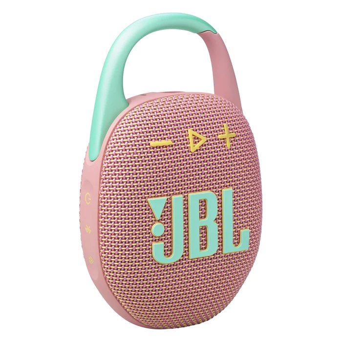 JBL Clip 5 portable Bluetooth speaker in Pink, front view