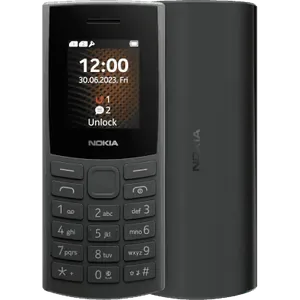 Nokia 106 4G in Charcoal, front view with the 1.77-inch screen and keypad, next to the textured back