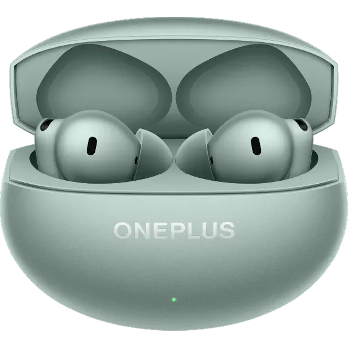 OnePlus Buds 4 true wireless noise cancelling earbuds in Zen Green, open charging case with both earbuds inside