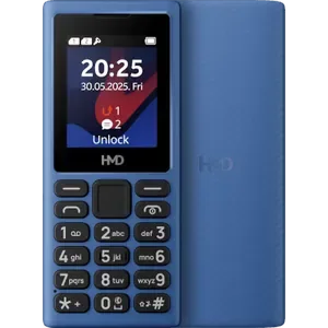 HMD 101 4G in Blue, front view with the 2-inch screen and keypad, next to the back with the HMD logo