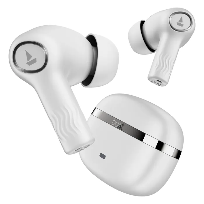 boAt Nirvana Ion true wireless earbuds in Ivory White, earbuds beside the charging case