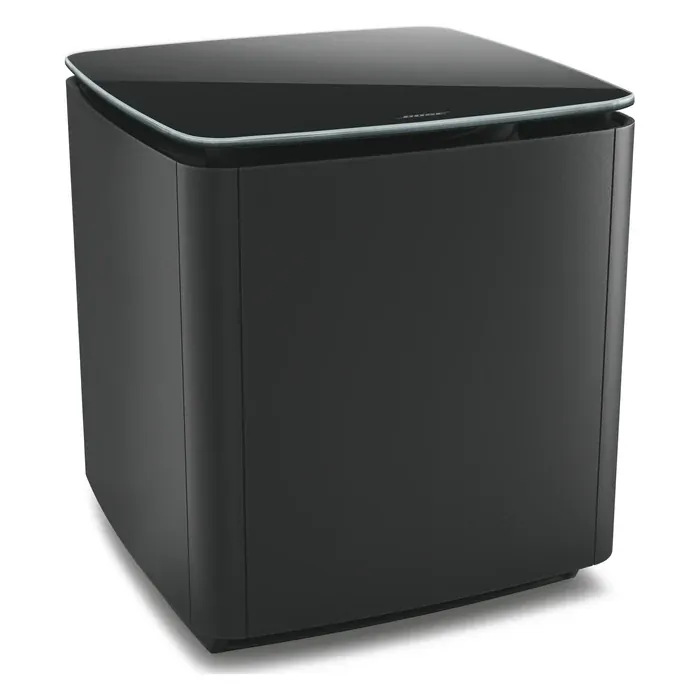 Bose Bass Module 700 wireless subwoofer in Black, angled front view with the glass top