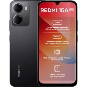 Xiaomi Redmi 15A 5G in Ace Black, front and back views