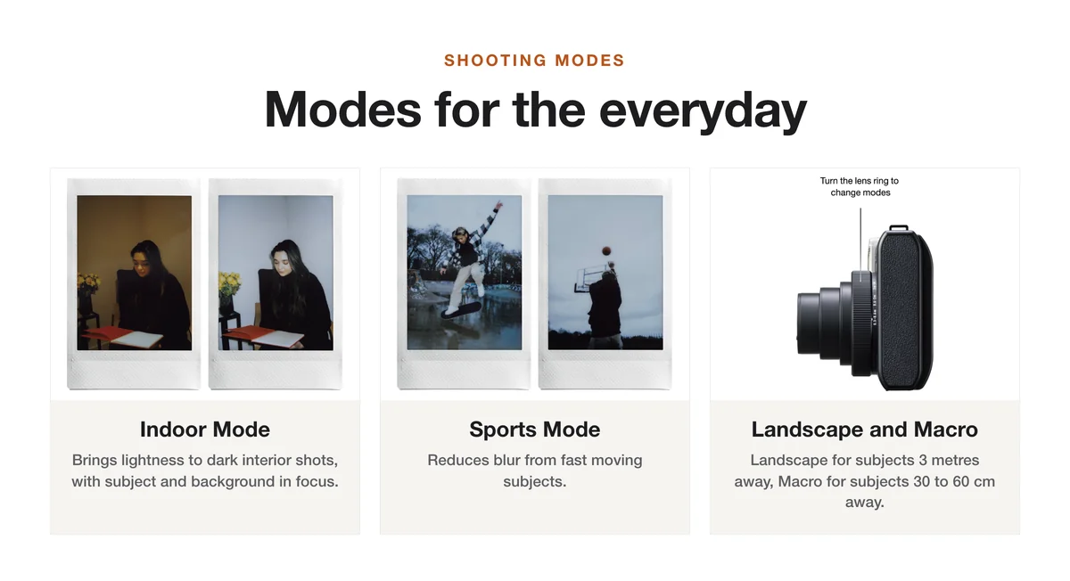 Fujifilm Instax Mini 99 everyday modes: Indoor, Sports, Landscape and Macro