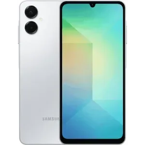 Samsung Galaxy A06 5G in Light Gray, back and front views