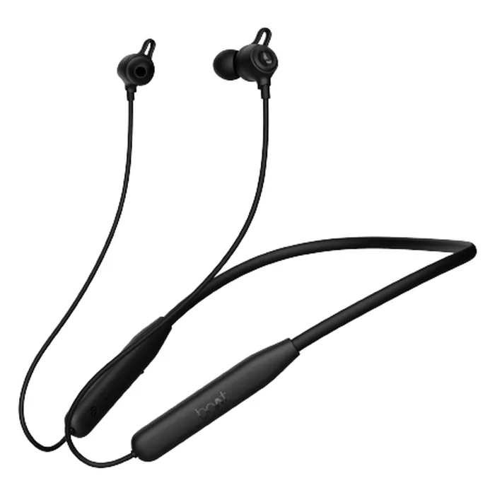 boAt Rockerz 109 wireless neckband earphones in Active Black, full neckband with the inline remote and earbuds