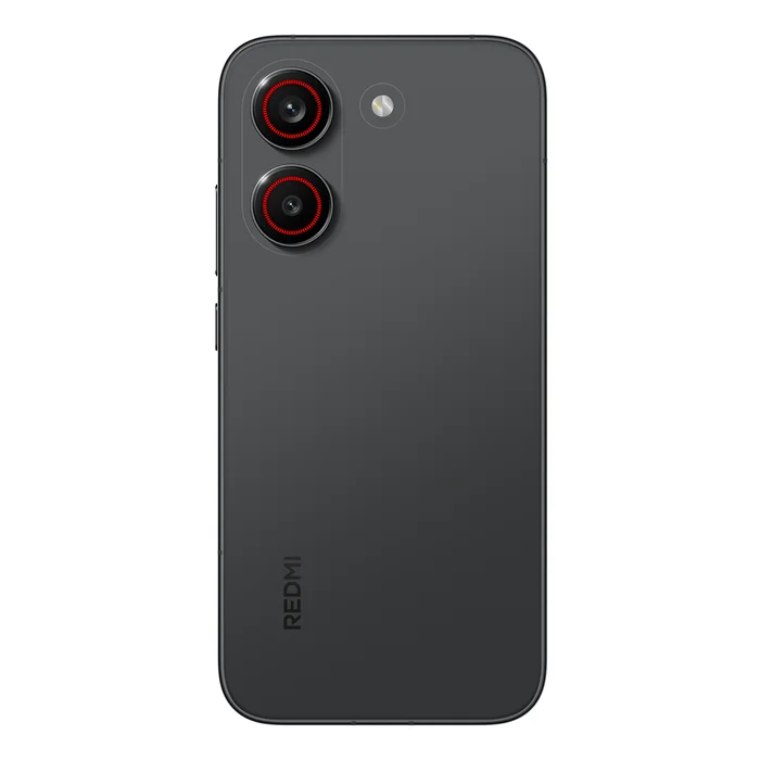Redmi Turbo 5 in Asphalt Black, back view with the camera ring lights
