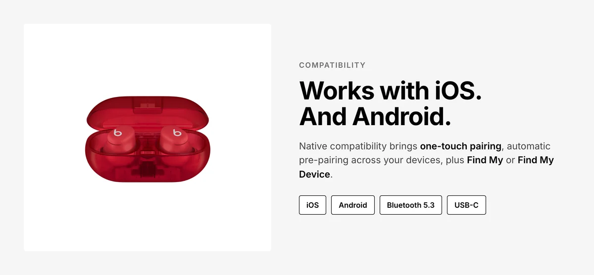 Beats Solo Buds open case in Transparent Red, one-touch pairing on iOS and Android, Find My support