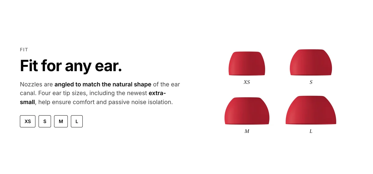 Beats Solo Buds ear tips in XS, S, M and L, nozzles angled for a natural fit