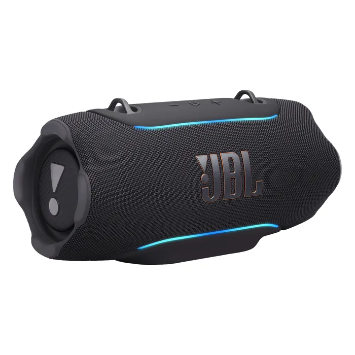 JBL Xtreme 5 portable Bluetooth speaker in Black, angled front view with the edge lighting on