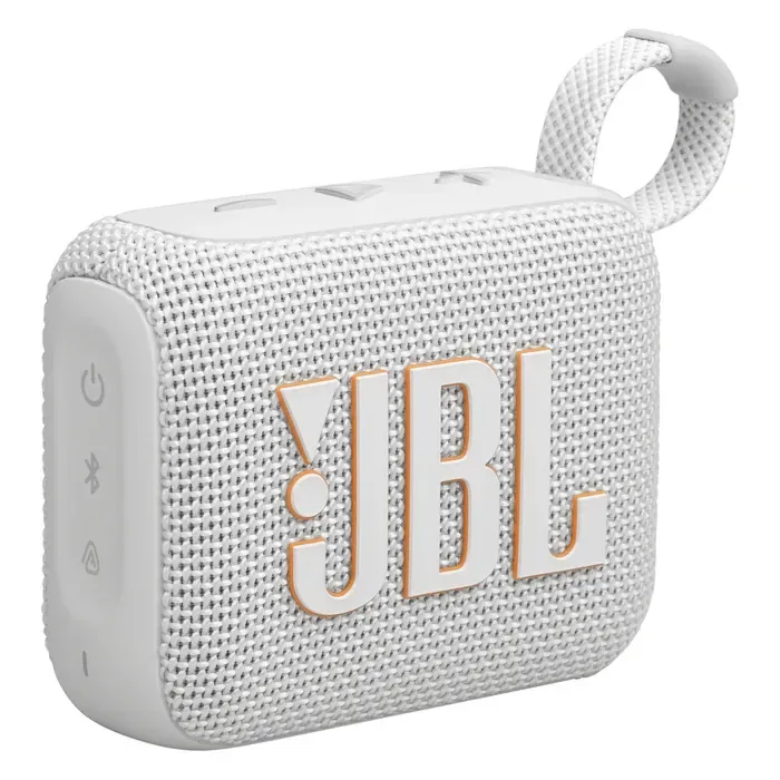 JBL Go 4 portable Bluetooth speaker in White, angled front view