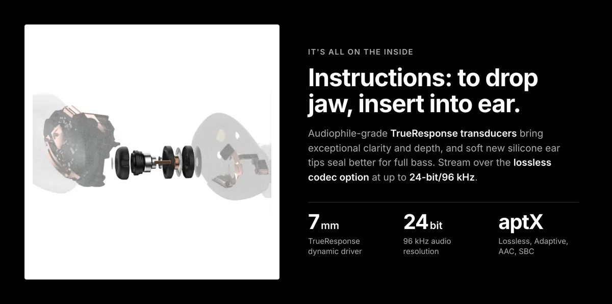 Sennheiser Momentum True Wireless 5 exploded view, 7 mm TrueResponse driver, 24-bit/96 kHz and aptX Lossless