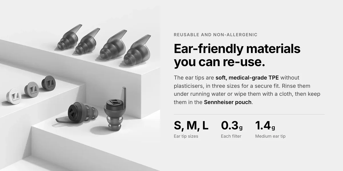 Sennheiser SoundProtex Plus ear tips in S, M and L in medical-grade TPE, with 0.3 g filters