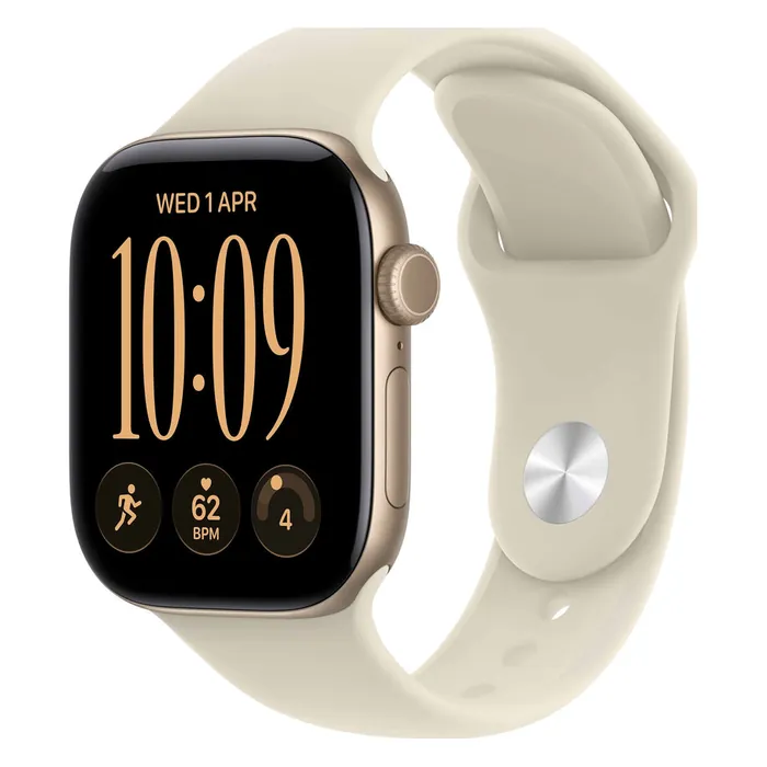 Apple Watch Series 12 42mm in Light Gold Aluminium with the Sand Sport Band, three-quarter view with the watch face on
