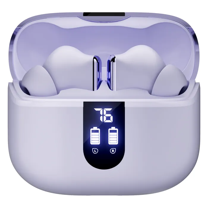 boAt Airdopes 181 Pro true wireless earbuds in Lilac Serenity, earbuds in the open charging case with the digital battery display