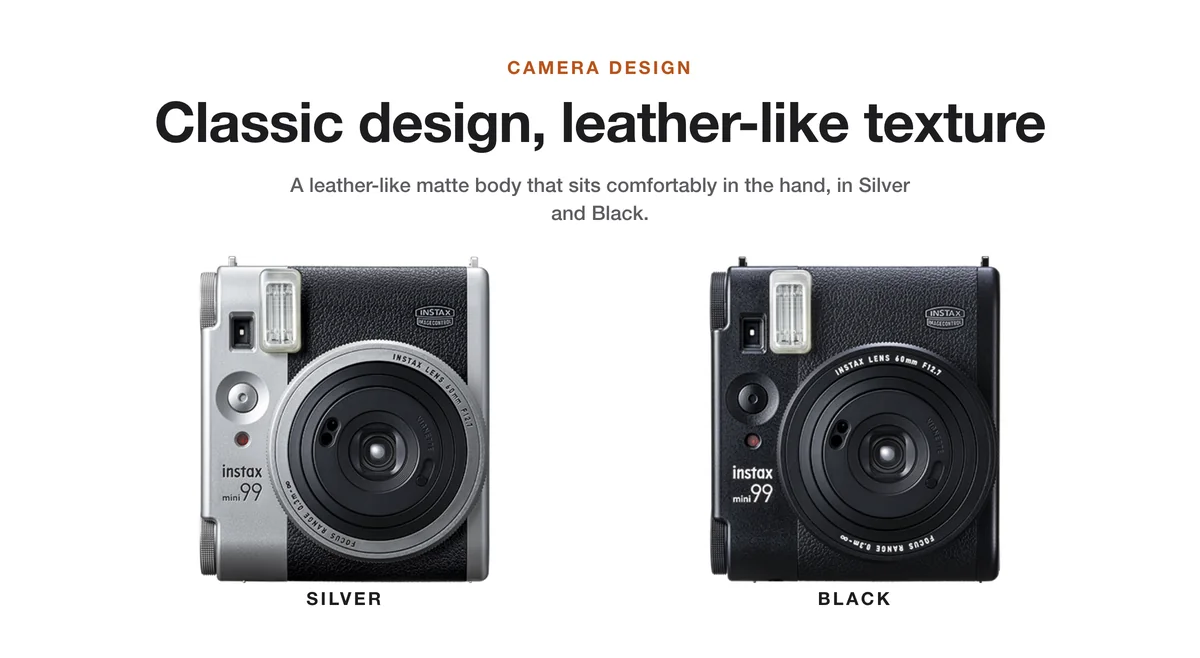 Fujifilm Instax Mini 99 classic design with a leather-like matte body, in Silver and Black