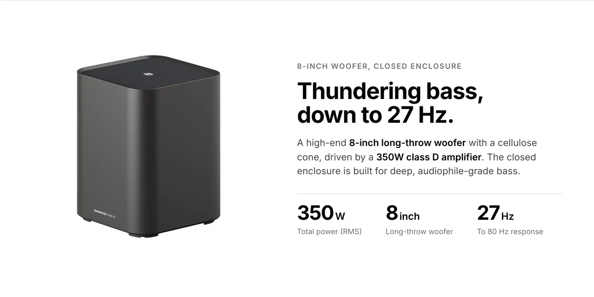 Sennheiser Ambeo Sub, 8-inch long-throw woofer, 350W class D amplifier, bass down to 27 Hz