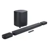 JBL Bar 800MK2 soundbar with detachable surround speakers and wireless subwoofer in Black, angled view with the surround speakers lifted off