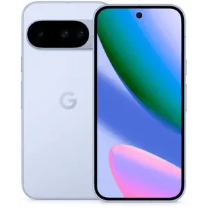 Google Pixel 10 in Frost, back and front views side by side, showing the camera bar and the 6.3-inch screen