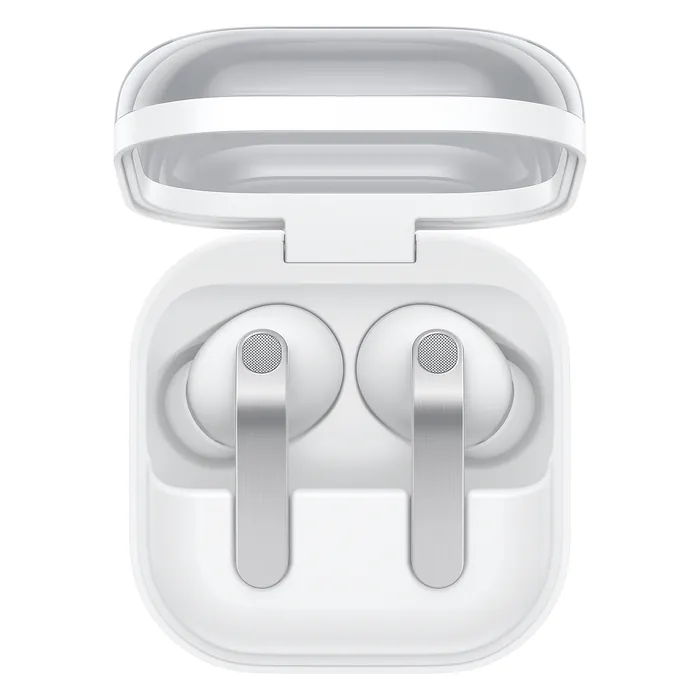 Samsung Galaxy Buds 4 Pro noise cancelling earbuds in White, earbuds in the open charging case