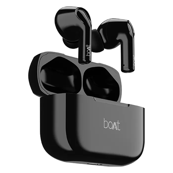 boAt Airdopes 163 true wireless earbuds in Pebble Black, earbuds above the open charging case