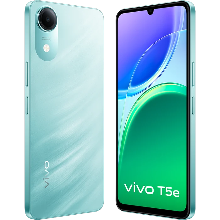 Vivo T5e 4G in Aero Blue, angled back and front views