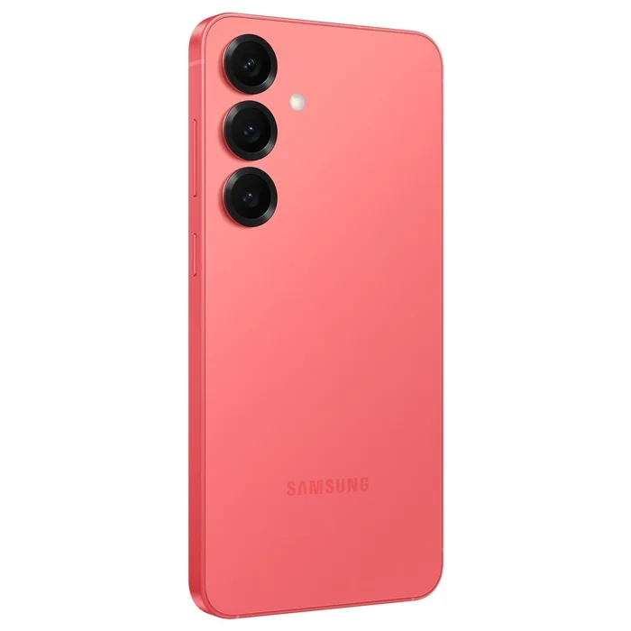 Samsung Galaxy S25 in Coralred, angled back view showing the triple camera and frame