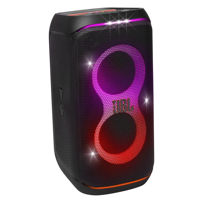 JBL PartyBox Club 120 portable party speaker in Black, angled front view with the light show on
