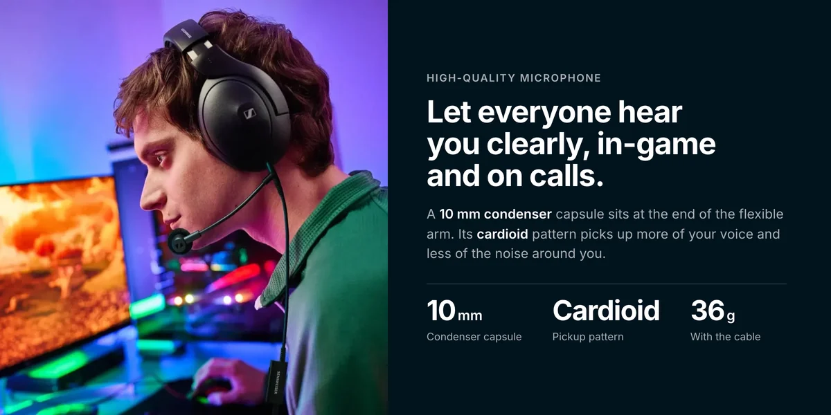 Gamer wearing Sennheiser headphones with the HD 500 BAM, 10 mm cardioid condenser mic for games and calls