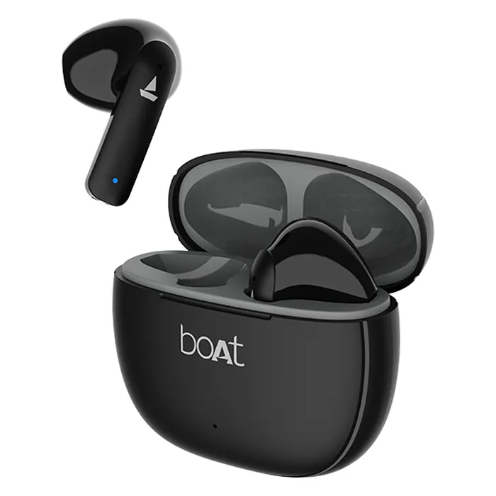 boAt Airdopes 100 true wireless earbuds in Opal Black, earbuds with the open charging case