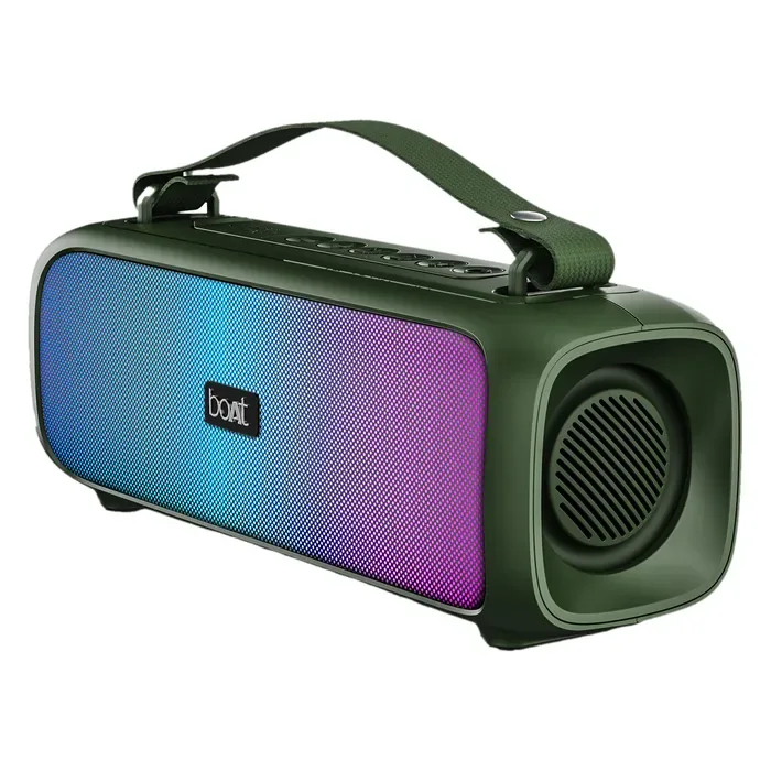 boAt Stone 580 portable Bluetooth speaker in Pine Green, angled view with the RGB panel lit